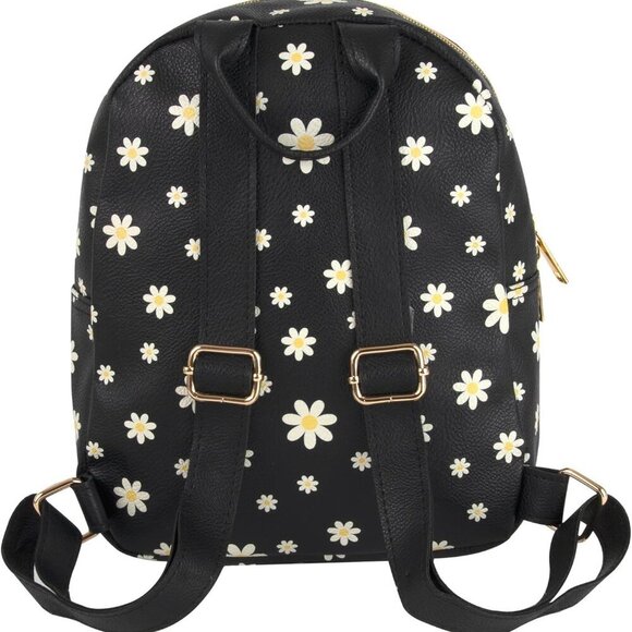 Waterproof Vegan Leather Mini Backpack Purse Women Travel Work Black Daisies main image 6